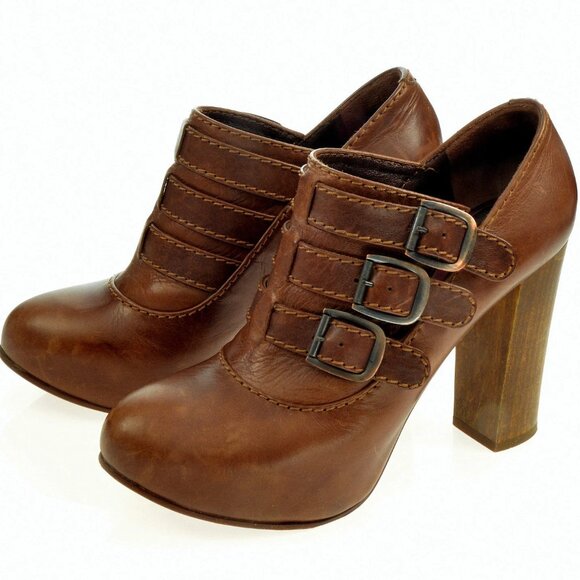 Chloe Brown Leather Buckled Concealed Platform Ancle Booties Size 36.5 - Picture 3 of 7
